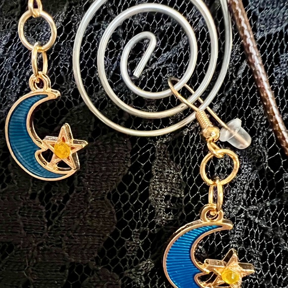 Blue Celestial Starry Crescent Moon Necklace and Earrings Set - Picture 8 of 9
